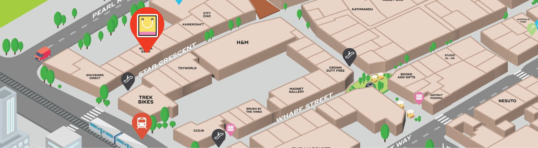 A map showing a shopping district with various stores and locations labeled, including Trek Bikes, Toyworld, City Chic, and Crown Duty Free. There is a train station icon near Trek Bikes and a bus stop icon nearby. The map features streets such as Star Crescent and Wharf Street, with landmarks like H&M, Kathmandu, and Books and Gifts. There is also a pin icon with a shopping bag, marking a specific location.